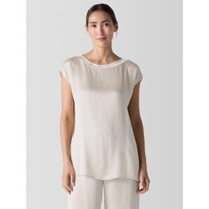 Eileen Fisher Striated 100% Silk Bateau Neck Top, Split Hem Sz  XS, Retail $127